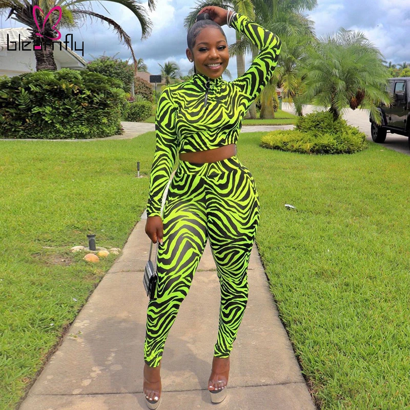 

Neon Green Zebra Striped Printed Set Long Sleeve Crop Top And Pencil Pants Suits Sporting Two Piece Sets Autumn Women Tracksuits