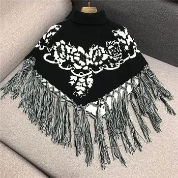 

Retro Cloak Sweater Long-Sleeve Knit Two-Piece Sweater Women's Turtleneck Pattern Fringed Shawl Design Top Sweaters Pull Femme