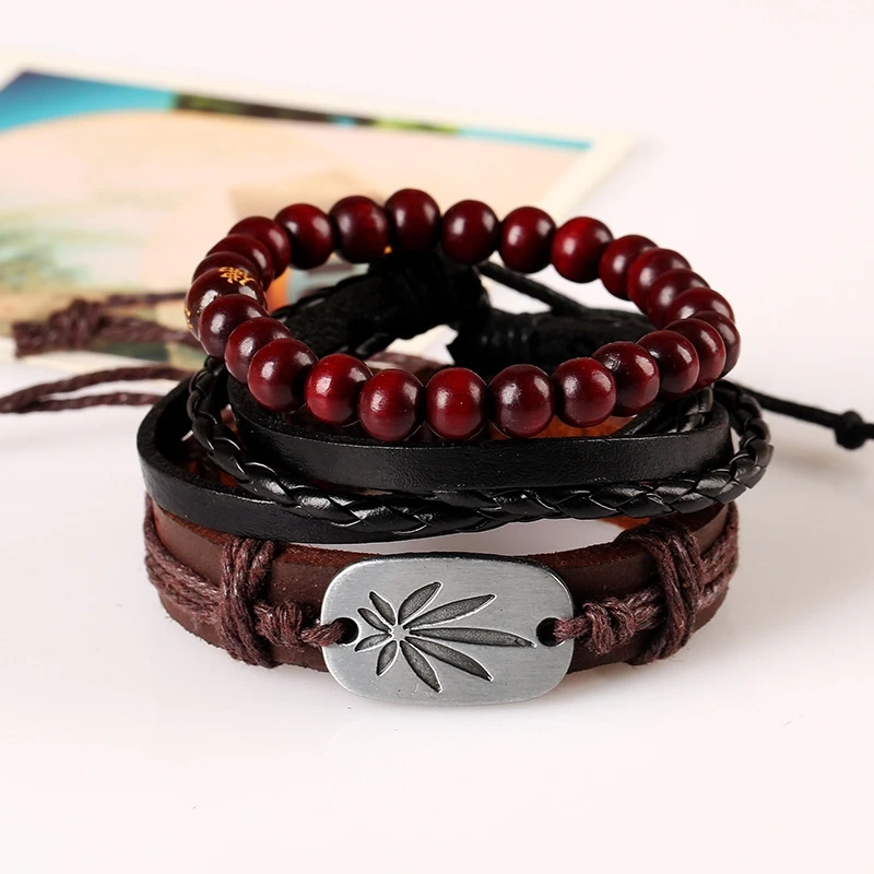

2019 Western Style Simple Retro Woven Leather Bracelet Alloy Maple Leaf Bracelet Charm Bracelets for Unisex Fashion Jewelry Gift