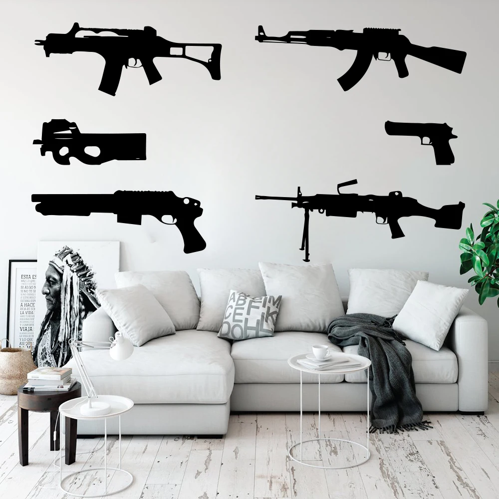 

Classic Vinyl Wall Sticker Quote Set Of 6 Guns Decal Kids Boy Ak 47 Weapon Army Solider Military Bedroom Playroom Home Decor