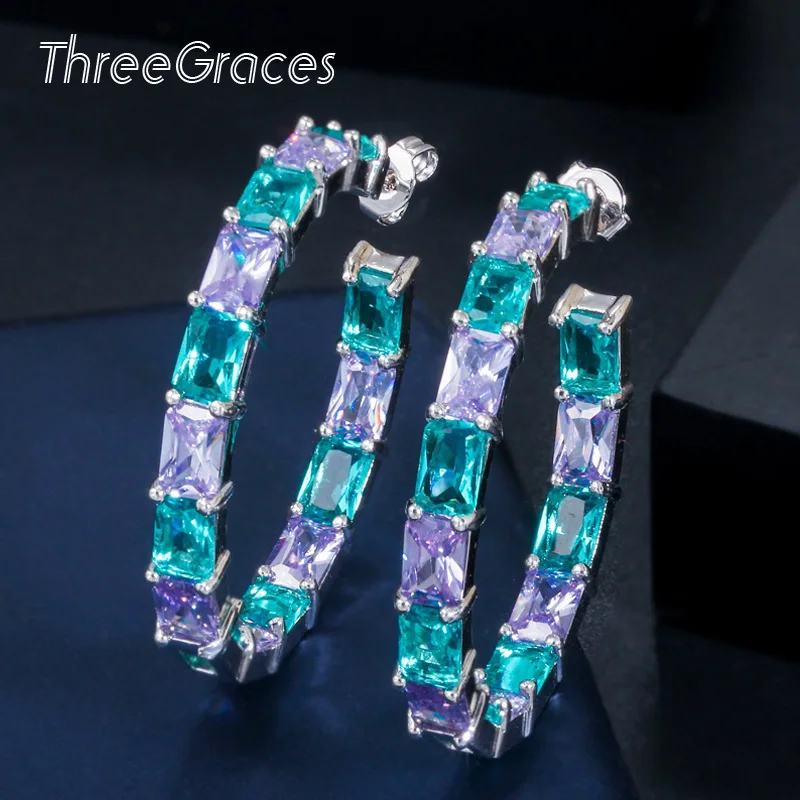 Трендовые Серебристые Разноцветные серьги-кольца ThreeGraces с фианитами большие