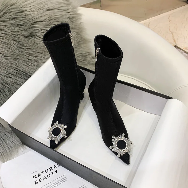 

2020 new arrive women Ankle Boots Black Pointed Toe Short Crystal Flower High Heels Stretch Ladies Shoes Woman Botas Mujer