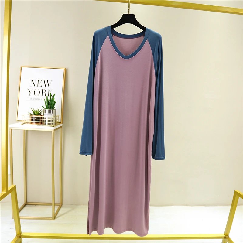 Spring Long Sleeve Nightgowns Women V-neck Modal Sleepshirts LeisurePatchwork Lounge Wear Breathable Simple Pregnant Nightwear