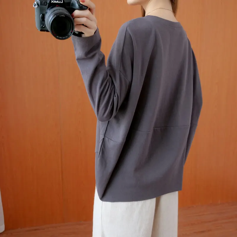 DIMANAF 2021 Plus Size T-Shirt Autumn Soft Cotton Women Oversize Female Batwing Loose Solid Vintage 2020 New Casual Tops&Tees