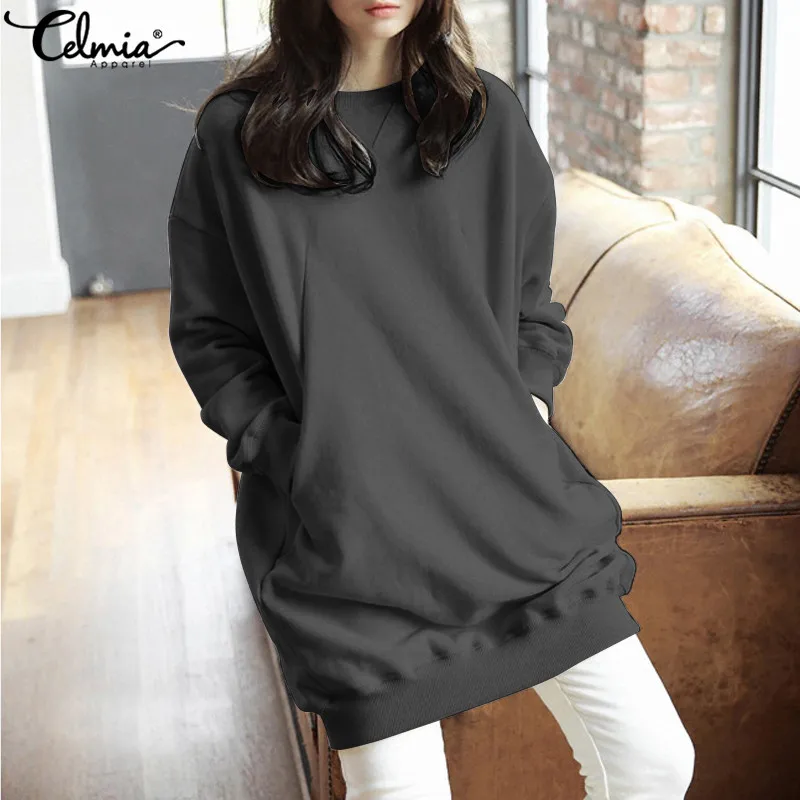  Autumn Hoodies Sweatshirts 2019 Celmia Women Round Neck Sleeve Casual Loose Tops Solid Pullovers Pl