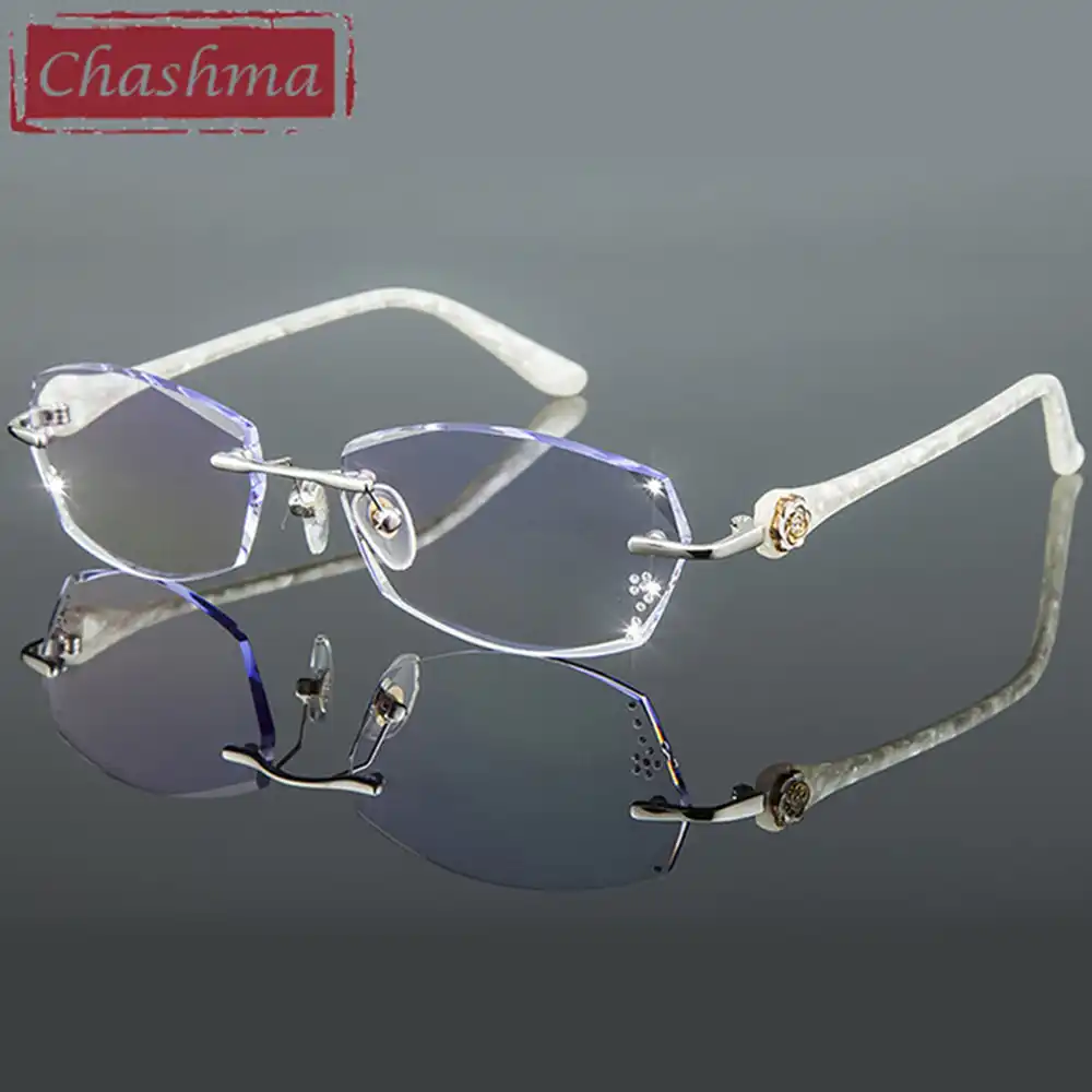 Chashma B Titanium Fashionable Lady Eye Glasses Diamond Trimmed Rimless