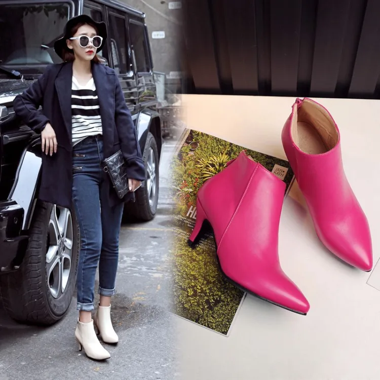 

autumn and winter new style with fine pointed high heels Martin boots white boots leather boots Women's boots spring wedgie