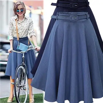 

Retro Solid Color Knee Length A-line Summer Elastic Waist Midi Denim Belt Skirt