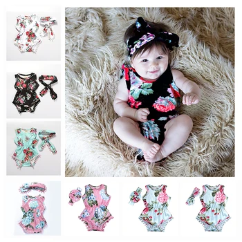 

Summer Lace Flower Baby Girls Sleeveless Ruffles Romper Infant Printing Jumpsuit Fashion New Born Baby Clothes Playsuit Bow