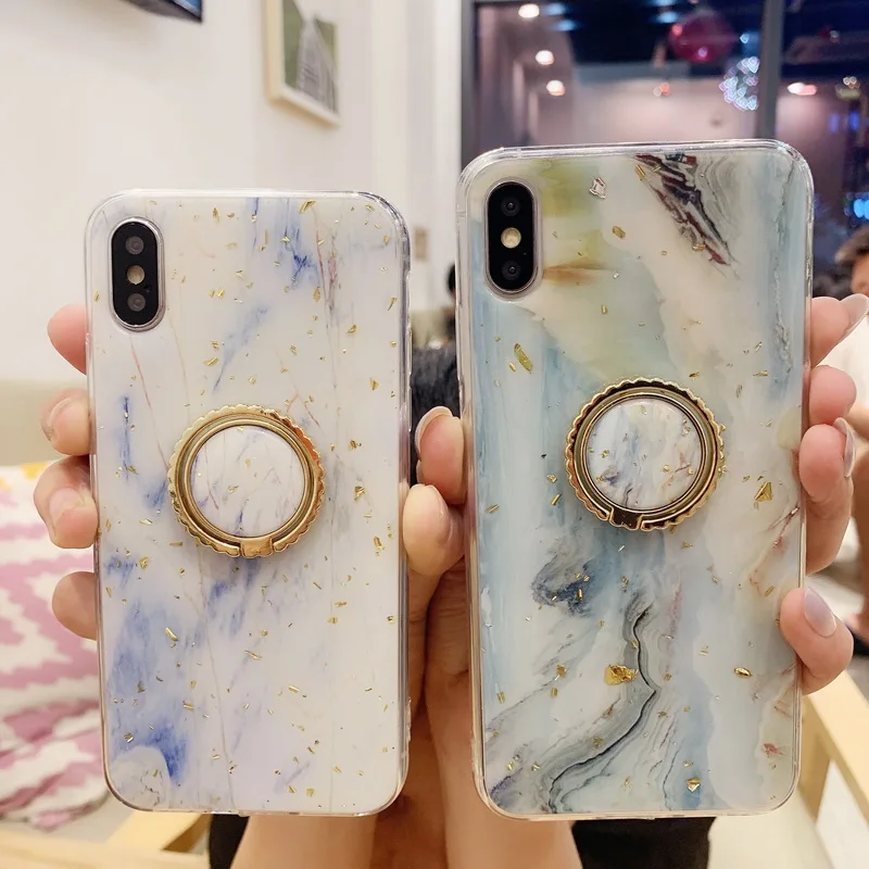 Phone Case For iPhone XS Max XR X 6s 7+ 8 Plus Marble Gold Glitter Ring Holder Soft Cover 6 Cases Coque |