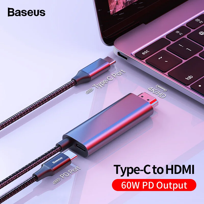 Baseus USB C HDMI кабель type C к HDMI Thunderbolt 3 2 60 Вт PD адаптер питания для MacBook Pro iPad USB-C 4 к HDMI цифровой кабель