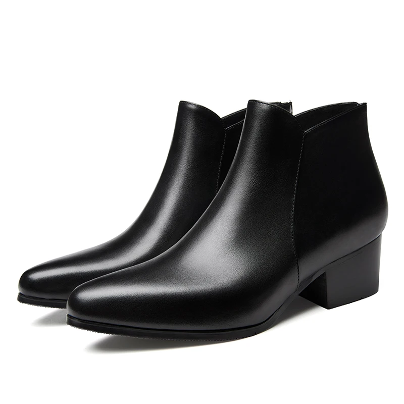 Men Ankle Boots Genuine Leather Men Boots Fashion High Heels Chelsea Boots Black Comfortable Men Footwear Size 36-47