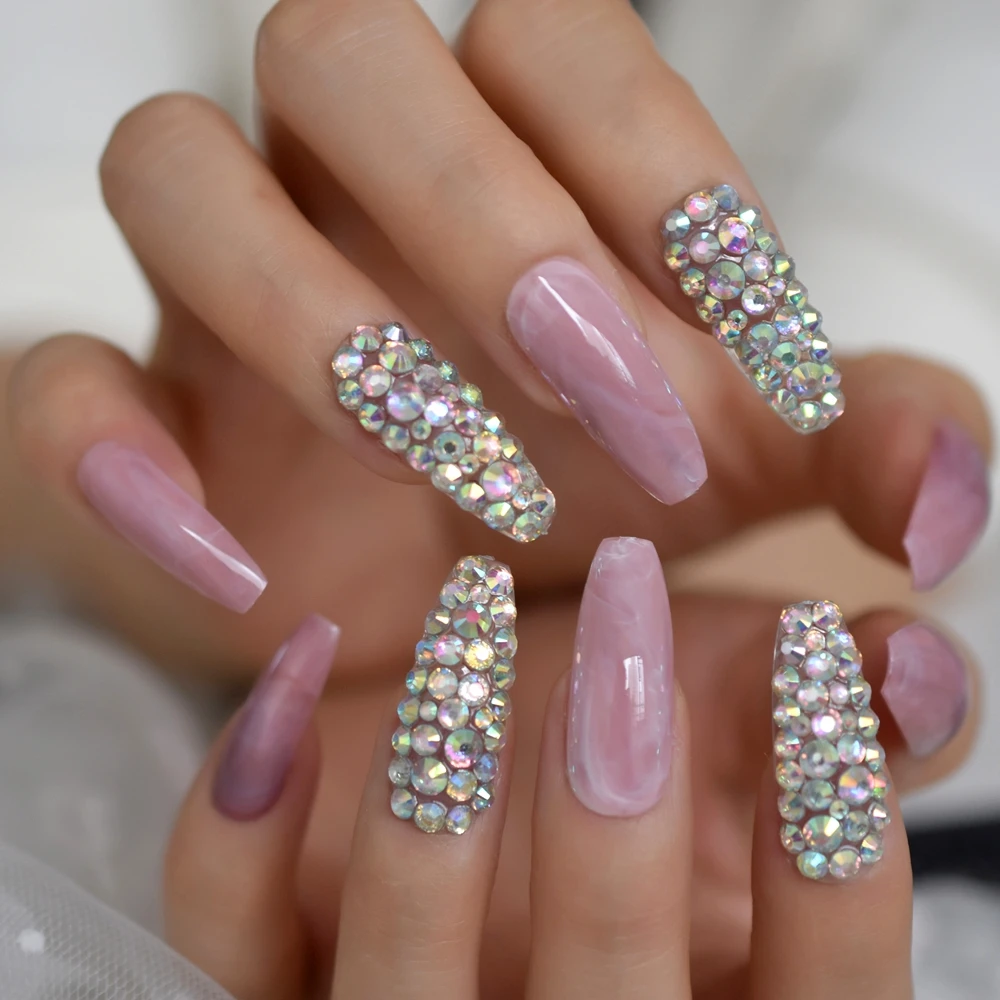 

Gorgeous Rhinestone Decorative Fake Nails Marble Pink Grey AB Crystal Press On Nail Customize 24pcs