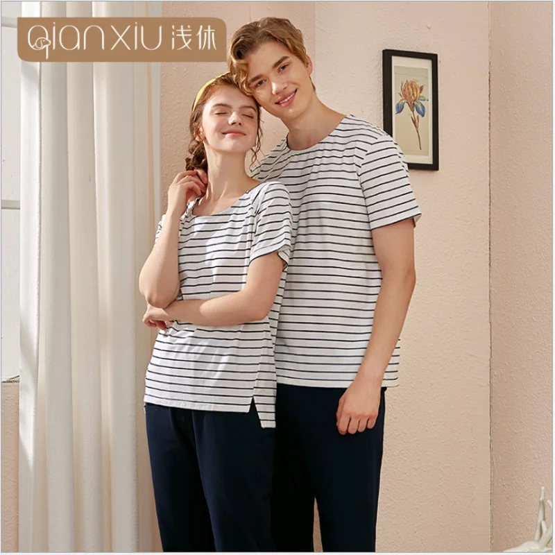 Летние пары повседневные полосатые пижамные комплекты женские хлопковый