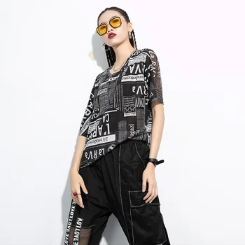 

Bating Sleeves Transparent Letter Printing O neck Irregular Tees And Tops Female 2020 Summer Round Neck Pullover Elastic T-shirt
