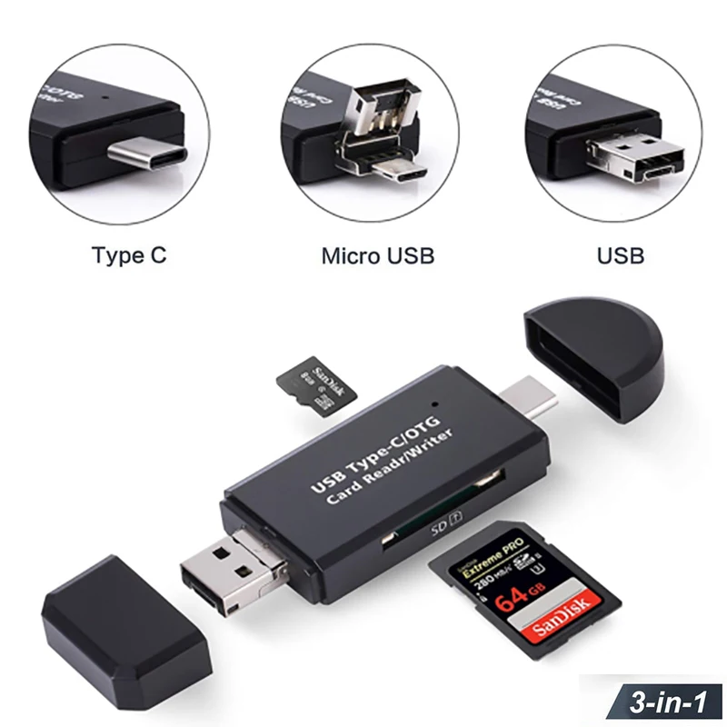 Многофункциональное устройство чтения карт памяти типа C и micro USB и USB 3 в 1 OTG Устройство чтения карт памяти Высокоскоростное USB 2.0 TF / SD для ПК Портативный компьютер