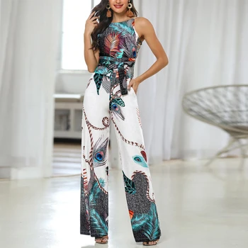 

Elegant OL Playsuit Women Spaghetti Strap Peacock Print Jumpsuit Summer Printed Long Overalls Wide Leg Pants Rompers
