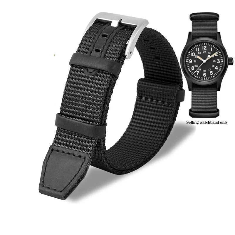 thumbnail image 1 of Correa de nailon tejido + cuero genuino de 20 mm y 22 mm para reloj Hamilton Khaki Green Field H69439931 441 para hombre, correa para reloj deportivo para exteriores, 1 of 5