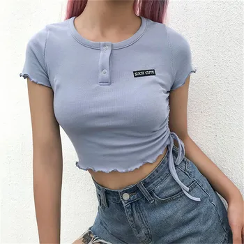 

Women Summer Wear Short Sleeve T-shirt Crop Tops Clubwear Lace-up Button Bodycon Elastic Letter Print T-shirt Outwear Streetwear
