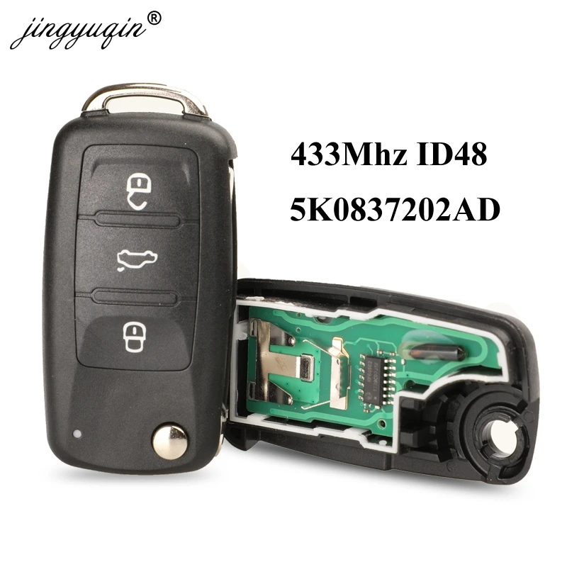 Jingyuqin-llave de giro remota 3BTN, Chip ID48 de 434MHz para coche VW, Volkswagen, GOLF, PASSAT, Tiguan, Polo, Jetta, Beetle, sin llave, 5K0837202AD