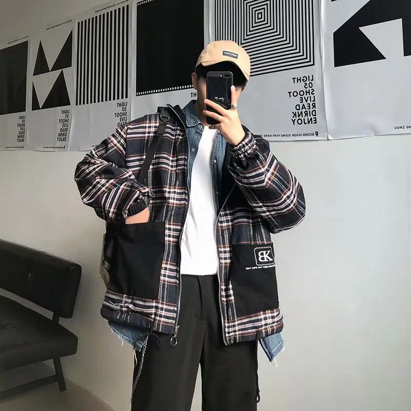 

2019 new spring and autumn Japanese retro double-sided wearable long jacket men's loose lattice tide brand tooling jacket