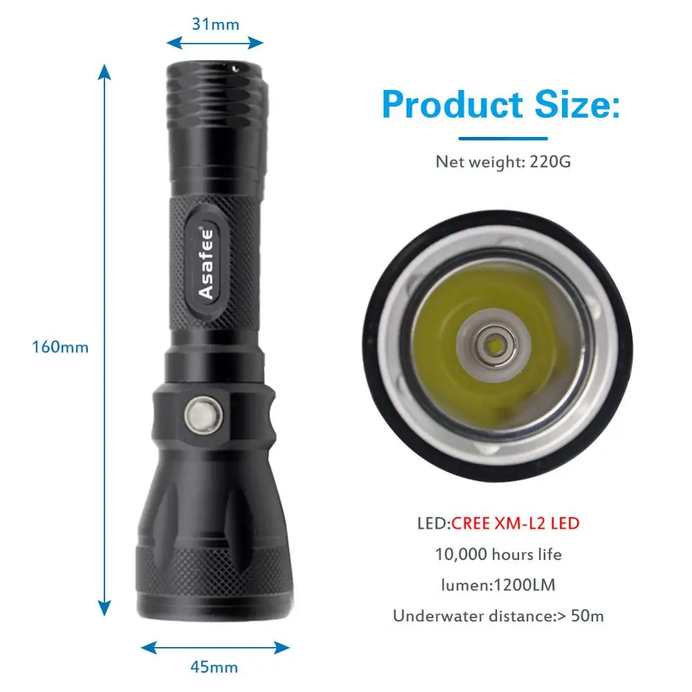 Asafee Diver фонарь CREE XML L2 светодиодный водонепроницаемый фонарик для дайвинга с