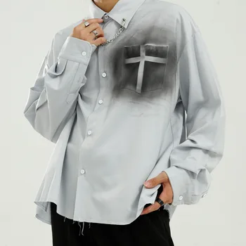 

Male Japan Korea Style Streetwear Vintage Fashion Loose Shirt Men Chain Cross Inkjet Design Long Sleeve Casual Shirt