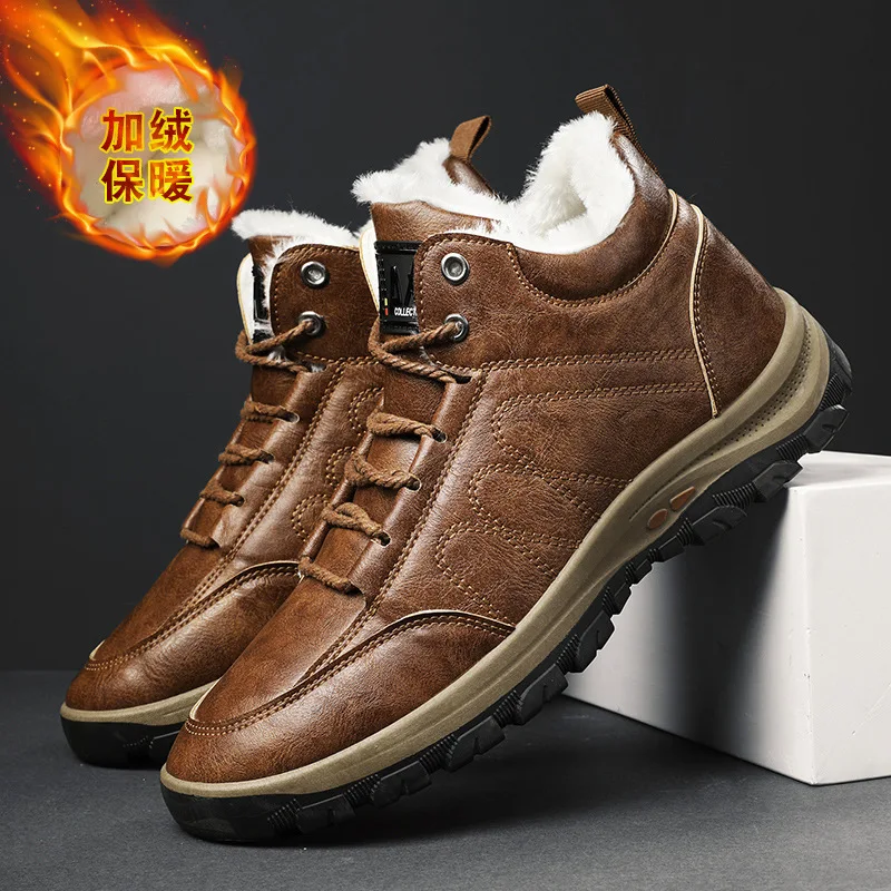 

hot Brand Winter Men's Boots Snow Plush Warm Snow Boots Leather Waterproof Men's Ankle Boots Soft Outdoor Men's Shoes Hot Sale