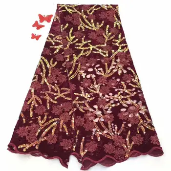 

fashions wine 3d sequins embroidered tulle lace fabric high quality nigerian african lace fabric for party dress FFD1013