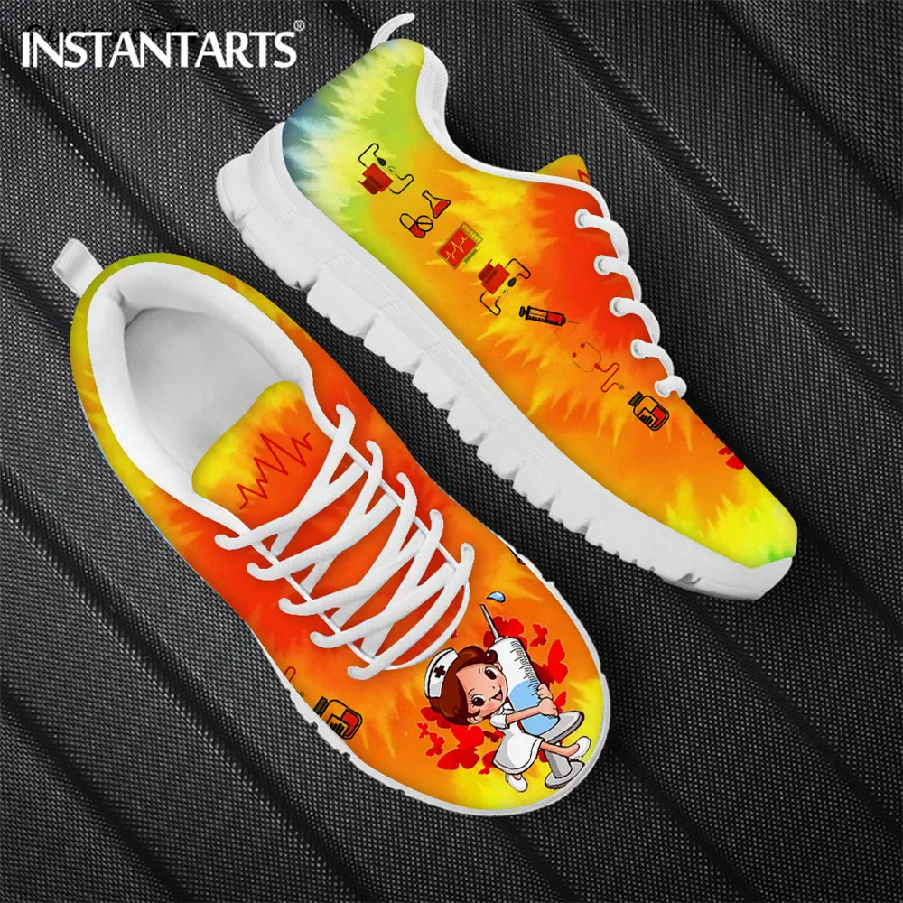 

INSTANTARTS Women Nursing Shoes Tie-dye Medical Healthcare Nurse Brand Design Casual Flats Female Breathable Mesh Sneakers Mujer