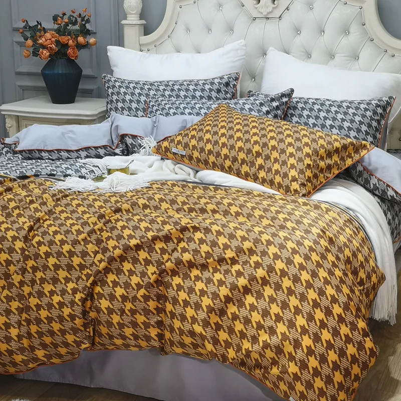 

Hotsale Free Shipping 60s Cotton Plover Grid Bedding Set 100% Pure Cotton Quilt Cover Sheet Northern Europe Wind Bedding Article