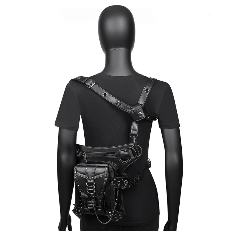 Girl's Gothic Waist Bag Fanny Pack Leather Steampunk Bag Side Bag Travel Purse Black PU Leather Fashionable and Unique