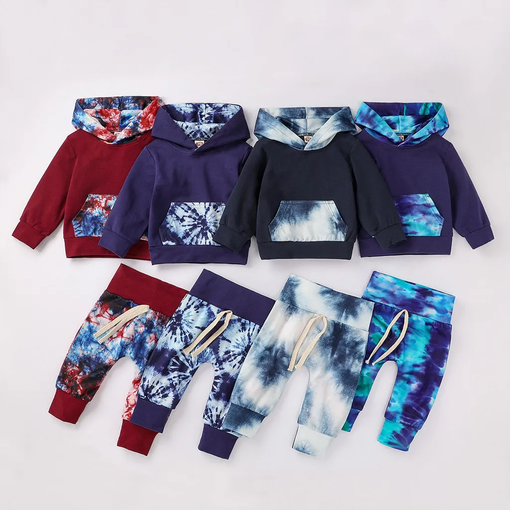 2pc Baby Boys Clothes Set Newborn Infant Tie-dye Hooded Sweatshirt Pants Outfits Winter Autumn Long Sleeve Top Free Ship |