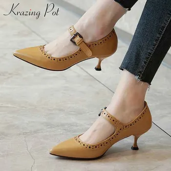 

Krazing pot natural leather French romantic carved Mary janes shoes pointed toe high heels buckle straps women fashion pumps L55