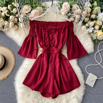 

Summer 2020 Jumpsuit Women's Sweet Wood Ears With A Word Collar Strapless Flared Sleeves Short Wide-leg Pants