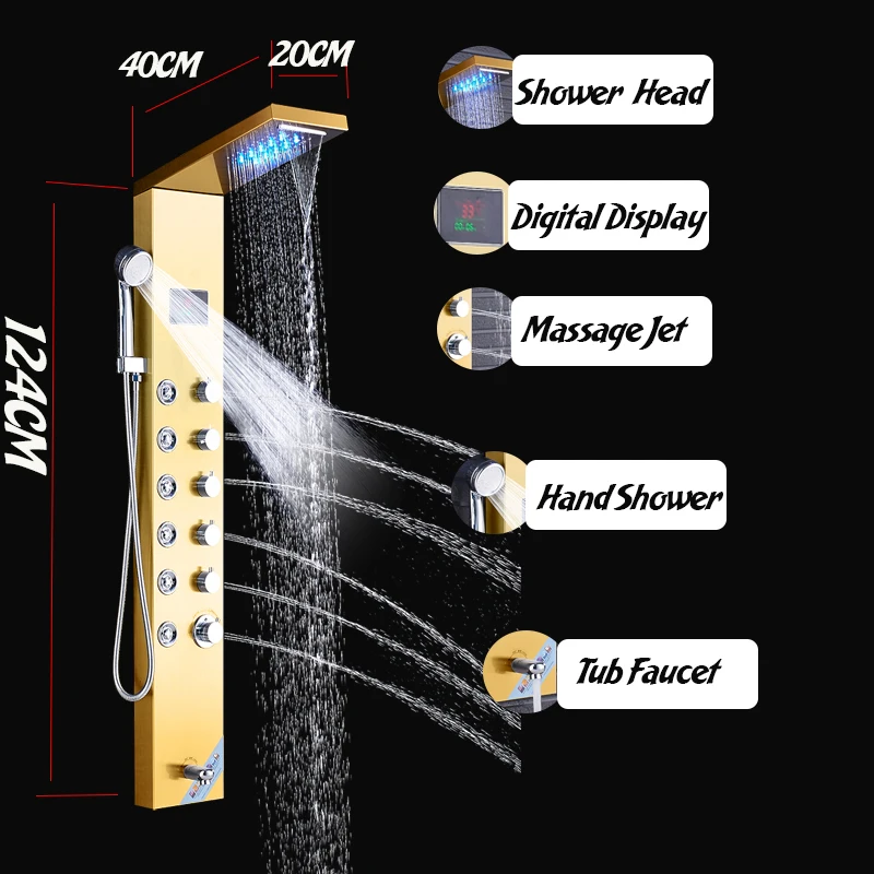 Onyzpily душевая панель Золотой светодиодный дождь водопад душевой Набор кран башня система массаж тела струи Fenty душевая п