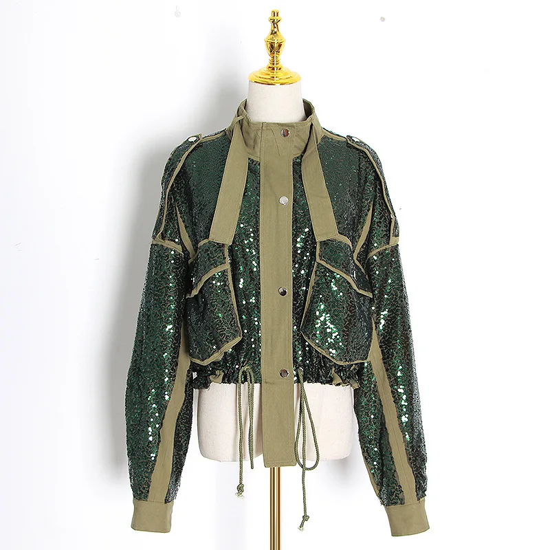 

Spring Loose Big pocket Patchwork Sequins Chic Drawstring Women jacket Oversized Green coat Streetwear autumn new clothing 2020