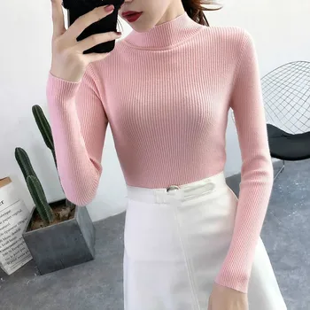 

Ladies Knitwear Spring Thin Basic Striped Turtleneck Knitted Sweater Pink Clothing Girls Pullover One Size Elastic Women Tops