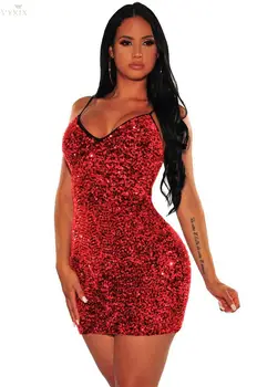 

Spring Womens Dresses Solid Mini Dress Strap V-neck Bling Sequin Dress Sexy Clubwear Sheath Bandage Dress Above Knee Party Dress