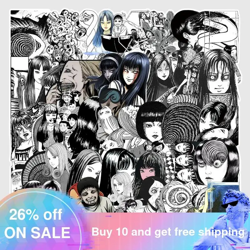 

50Pcs Horror Comic Sticker Black and White Japan Anime Tomie Skateboard Repeatable Luggage Laptop Waterproof Stickers