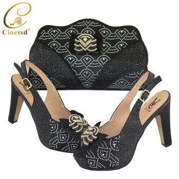 

2020 Latest Fashionable Black Color Noble and Elegant Ladies Shoes and Bag Set Decorated With Black Heart-Shaped Rhinestone