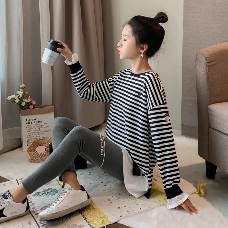 Maternity Autumn Clothes Embroidery Long Sleeve O-Neck Fleece Patchwork Striped Pregnant Women Sweatshirts Loose Cotton Hoodies