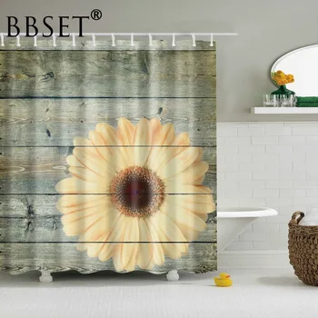 

BBSET Retro Wood Door Bathroom Shower Curtains Frabic Waterproof Polyester Bath Curtains Bathroom Decoration with 12 Shower Hook