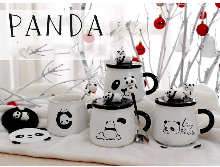 Panda Mug Coffee Breakfast Cup Large Capacity Water Glass Milk Cup Creative Cartoon Ceramic Cup with Lid with Spoon Coffee Cup