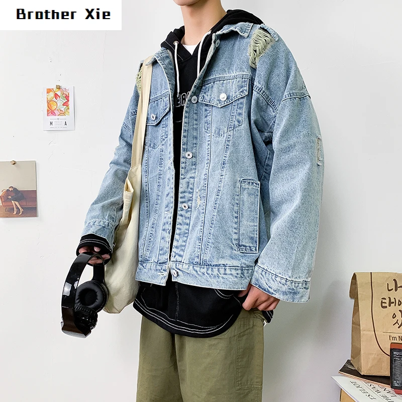 

Autumn New Denim Jacket Men Fashion Washed Solid Color Casual Hole Denim Jacket Man Streetwear Hip Hop Loose Bomber Jacket