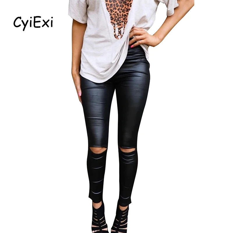 

CyiExi Black Skinny Faux Leather Leggings Women High Waist Legging Pants Sexy Night Club Bodycon Hole Push Up Female Bottoms XL