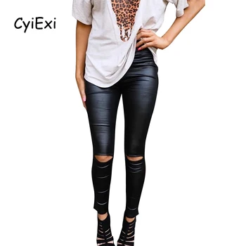 

CyiExi Black Skinny Faux Leather Leggings Women High Waist Legging Pants Sexy Night Club Bodycon Hole Push Up Female Bottoms XL