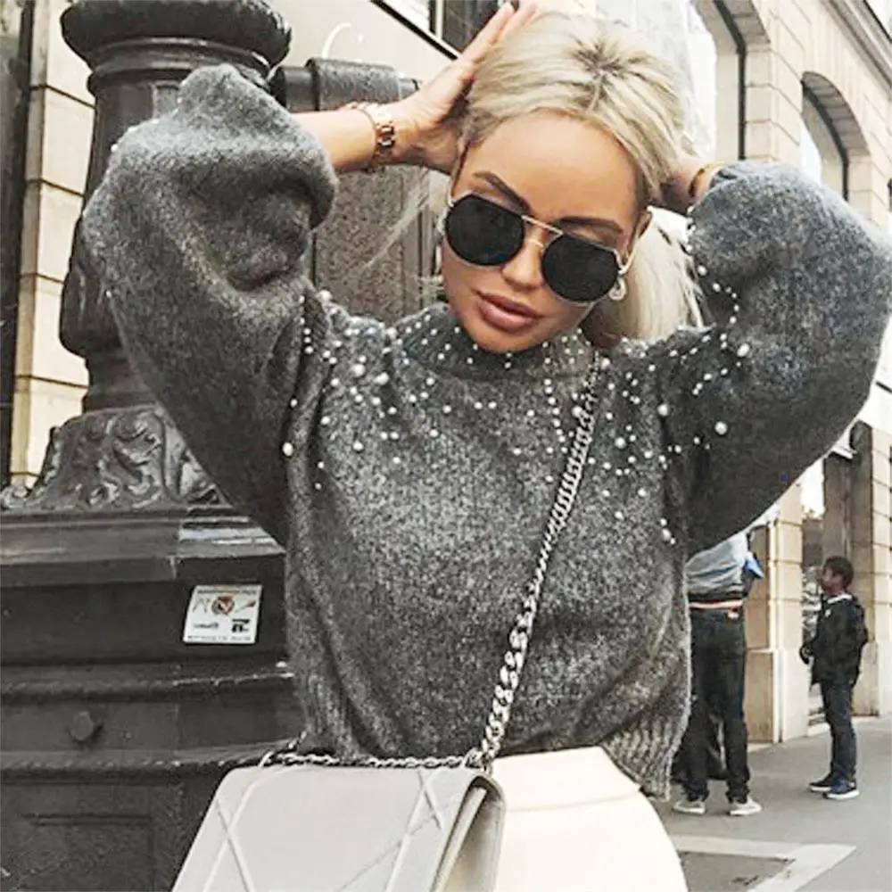 

Women's Casual Sweater Thick Needle Long Sleeve O-neck Pullover Sweater Autumn Winter Casual Loose Pearl Sweaters Femme Clothes