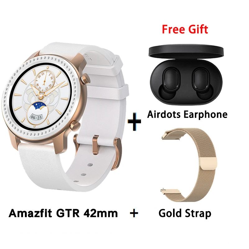 Блестящие новые Смарт-часы Amazfit GTR 42 мм, 5 АТМ, умные часы, 12 дней, батарея, управление музыкой, для Xiaomi, Android, IOS - Color: add gold strap