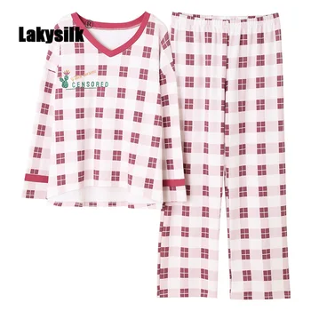 

2020 Autumn Cotton Pajama Sets Women V-neck Full Sleeve Full Length Pants Plaid Sleepwear Girls Casual Loose Pajamas Homewear